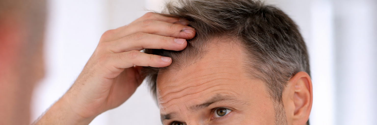 man assessing his hair in the mirror